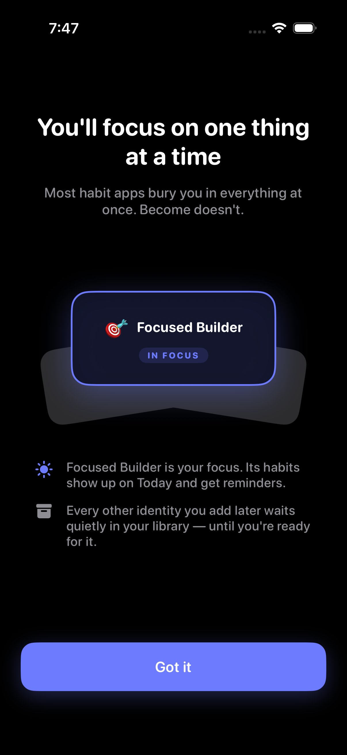 Become Focus Mode showing one identity in focus while others wait in the library
